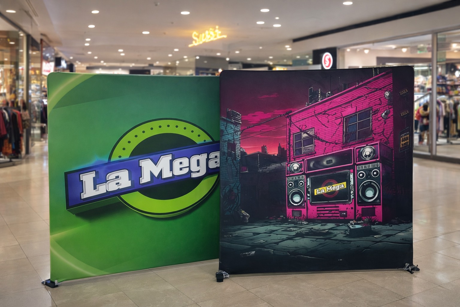 Piezas de impresión digital y backings publicitarios instalados en espacio comercial