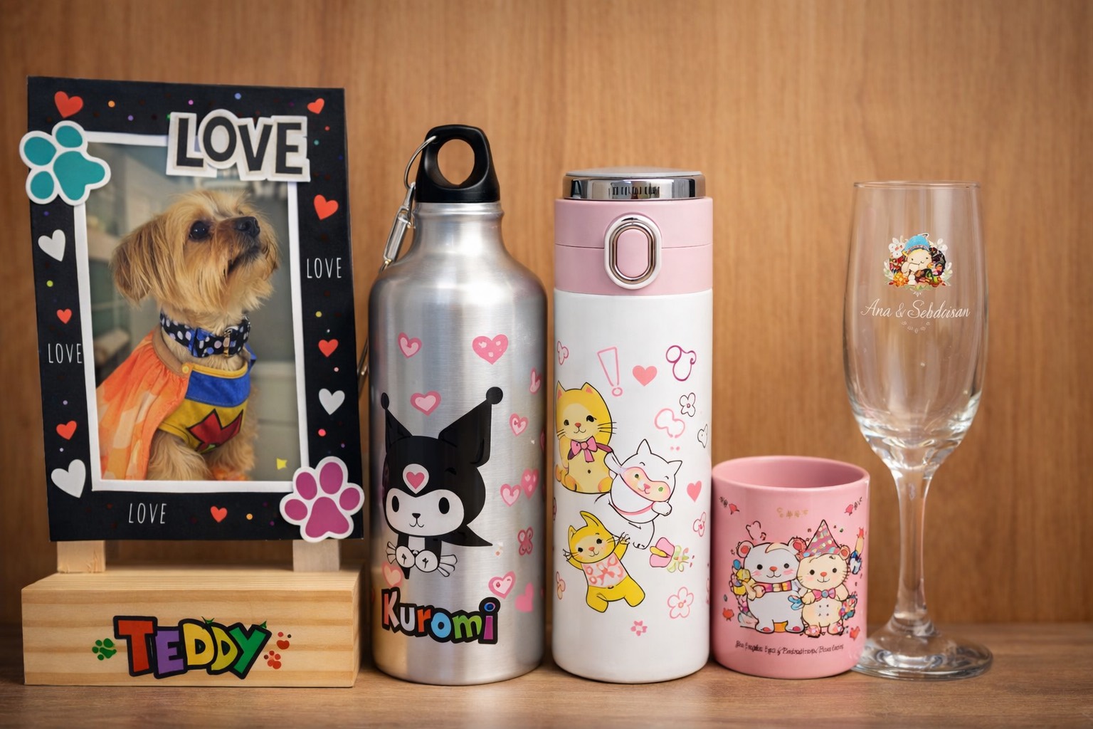 Productos personalizados como termos, mugs, copas y accesorios promocionales