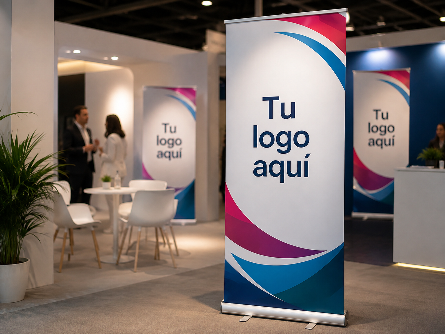 Roll ups y banners instalados en espacio de feria corporativa